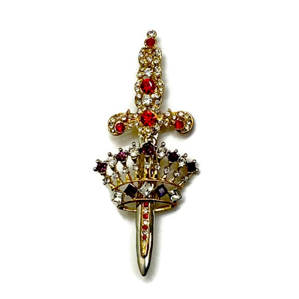 Gold Toned Sword and Crown Brooch with Multi Colored Stones